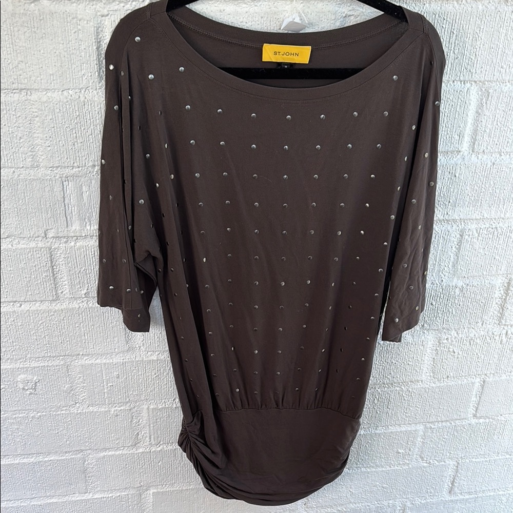 St. John Studded Accents Brown Top with Silver Tunic Dress sz M